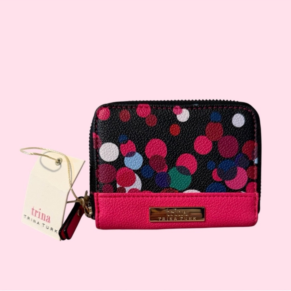 Trina Turk Multicolor Confetti Dot Zip Card Case with Pink Trim